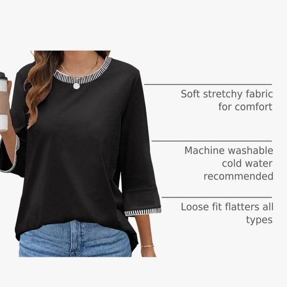 NWT 3/4 Sleeve Tops Dressy Casual Crew Neck Color Block Loose Trendy Blouses - Picture 3 of 8